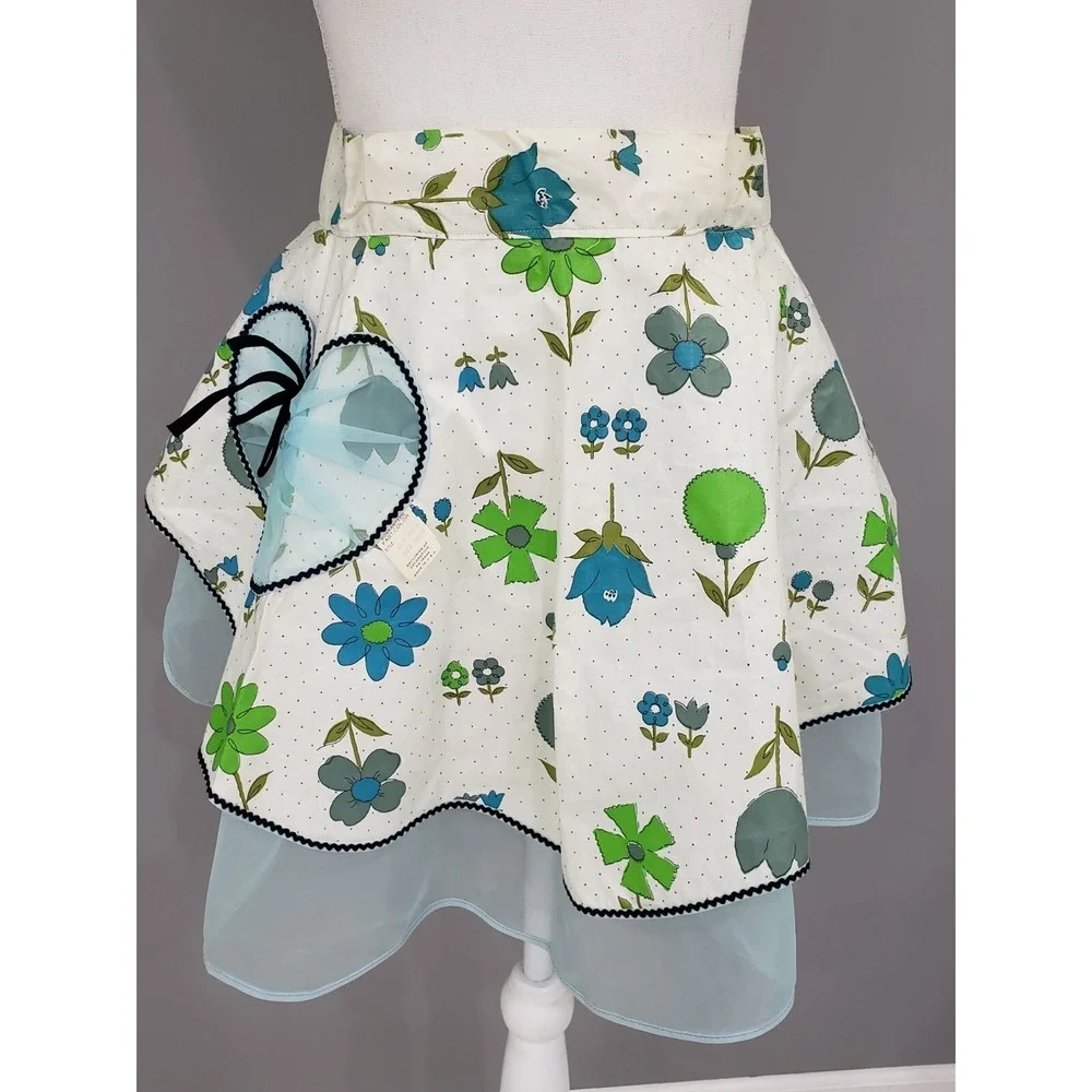 Vintage 1950s Blue Floral Hostess Apron Sheer Organza Overlay Bow Waist Retro